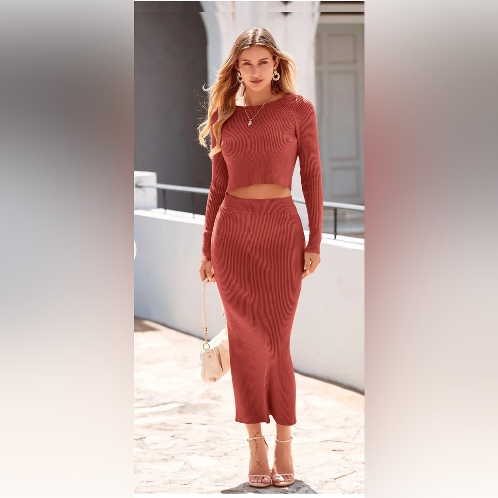 PRETTY GARDEN Two Piece Sweater Set Skirt (Brick Red)